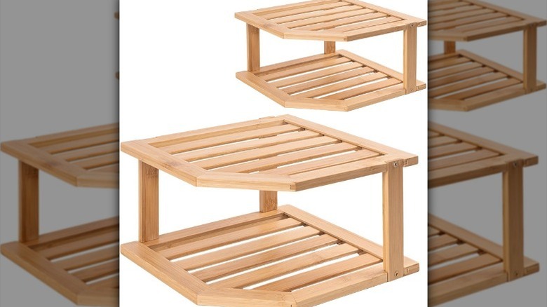 Two pack of bamboo corner shelves on white background