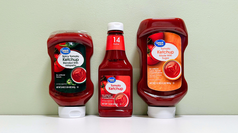 Three bottles of Great Value ketchup