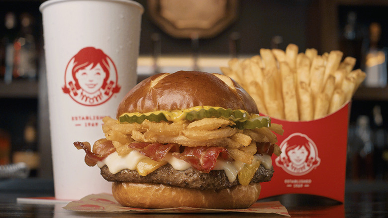 wendy's pretzel bacon pub burger with fries and drink