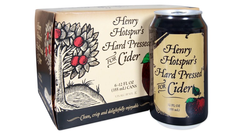 A can of Henry Hotspur's Hard Pressed for Cider next to the six pack box