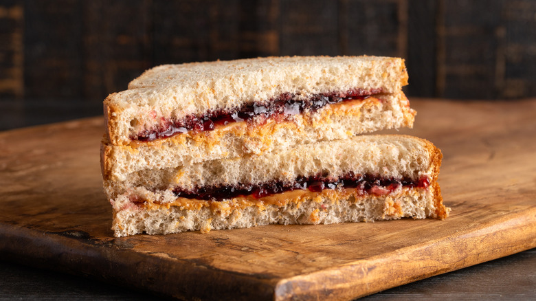 Sliced peanut butter and jelly sandwich