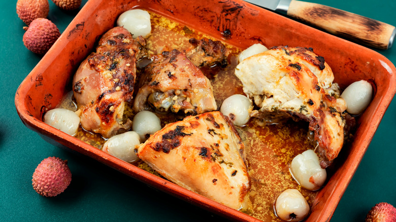 A dish made with chicken and lychees