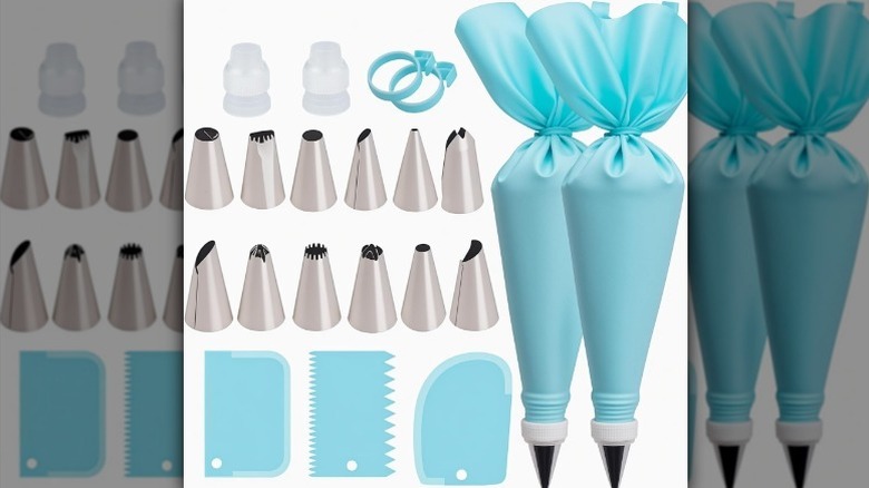 Piping bag and tips set on white background