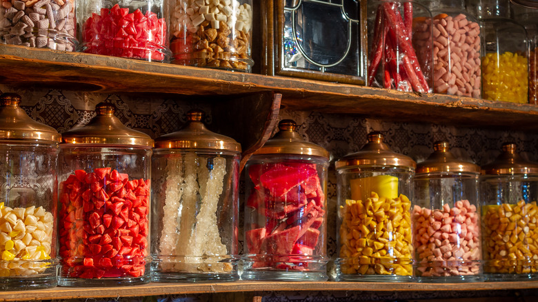 shelves of vintage candy jars