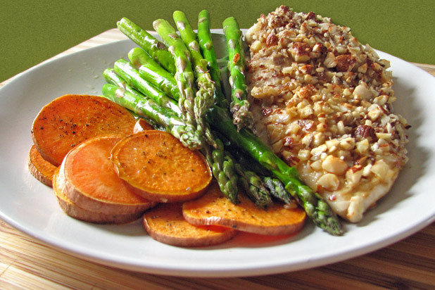 Almond-Crusted Chicken with Sweet Potatoes and Asparagus