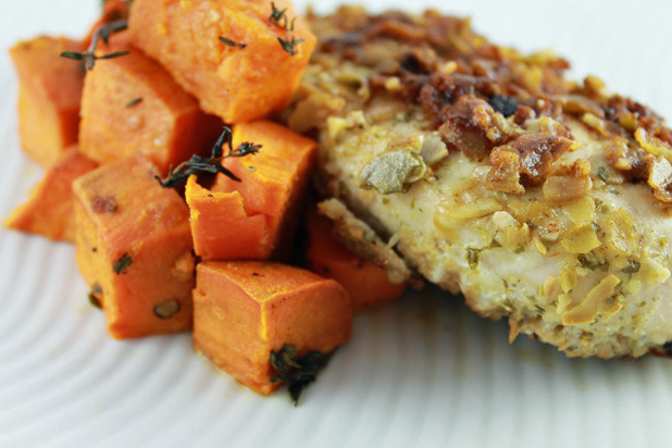 Pepita Parmesan Chicken with Sweet Potatoes