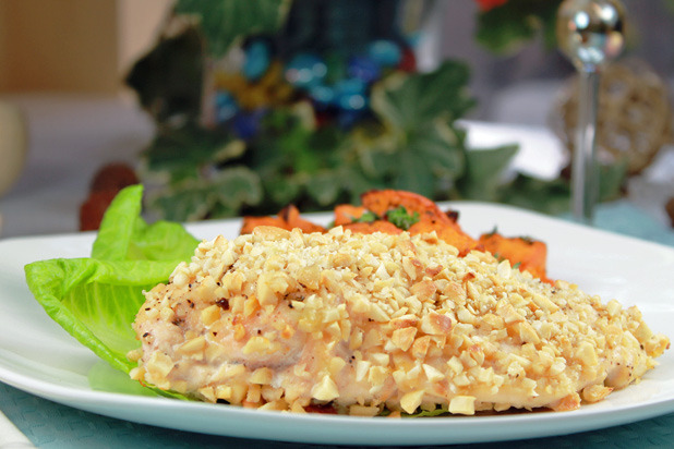 Cashew-Crusted Chicken with Roasted Sweet Potatoes