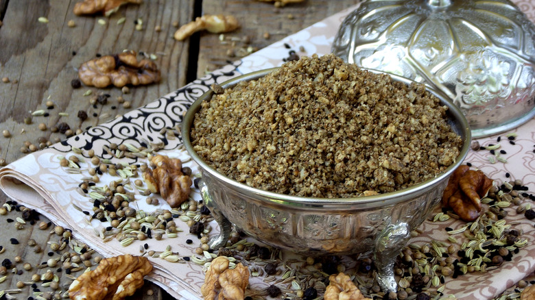 Dukkah in a metal bowl