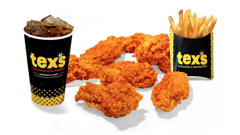 Tex's Chicken & Burgers wings with a logoed cup and sleeve of fries on either side