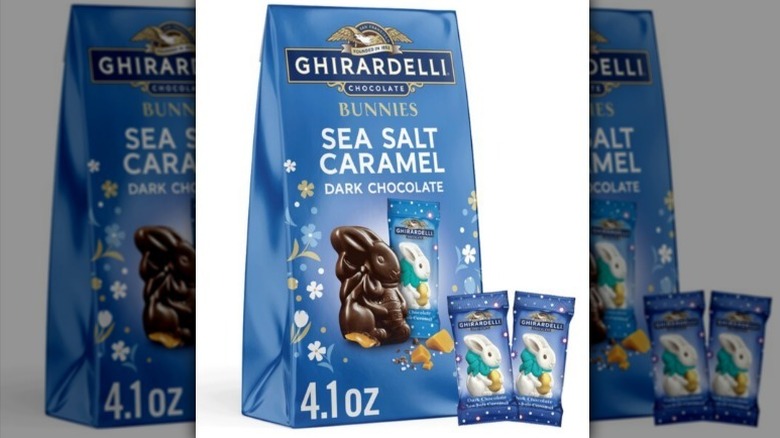 Ghirardelli chocolate bunnies on white background