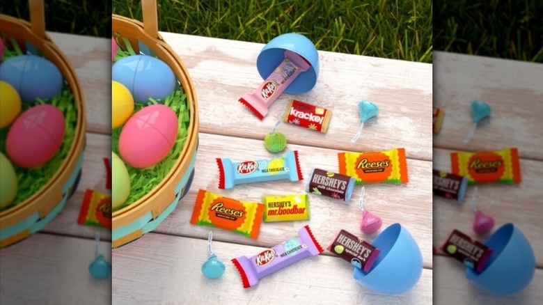 Contents of variety bag on wood surface with Easter eggs