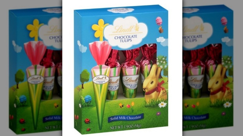 Box of Lindt chocolate tulips on white background