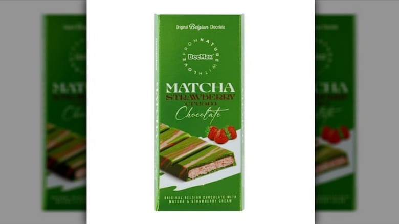 Matcha strawberry cream chocolate bar on white background