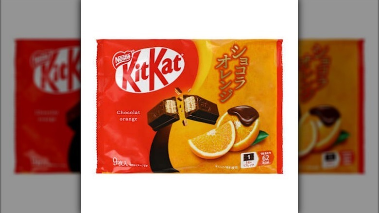 Orange chocolate Kit Kat on white background