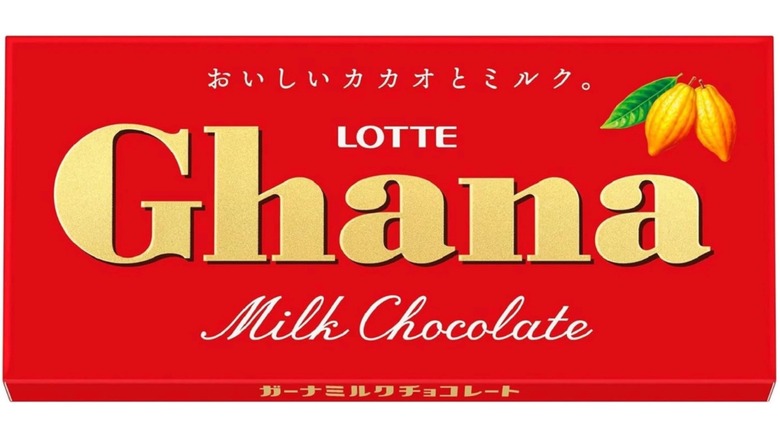 A bar of Lotte Ghana Milk Chocolate is set on a white background.