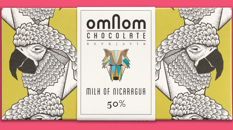 A bar of Omnom 50% Milk of Nicaragua chocolate is shown from the front.