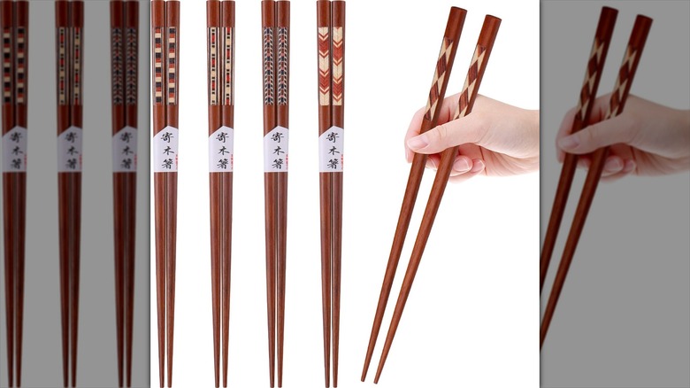 GLAMFIELDS natural wooden chopsticks with one pair held by a hands
