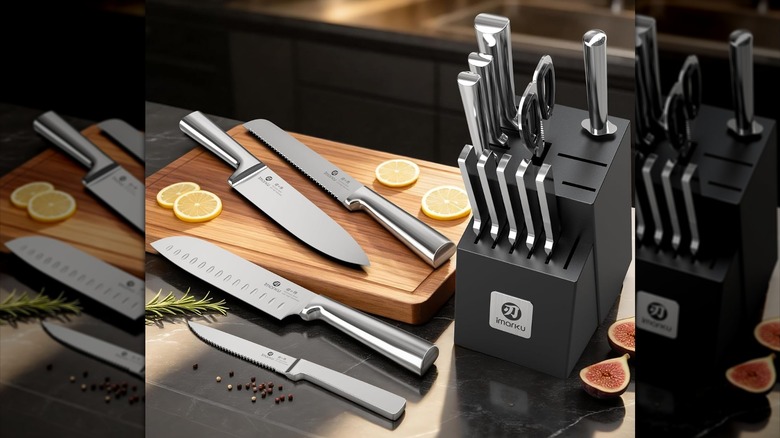 imarku Japanese knife block and knife set with cut lemons