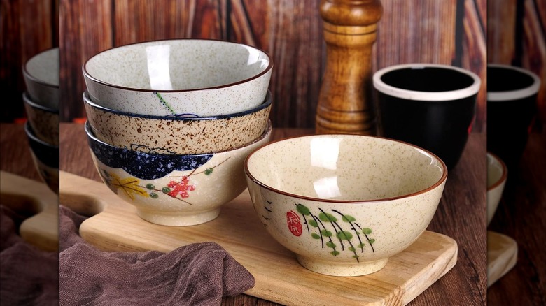 WHJY hand-painted soup bowls on a cutting board
