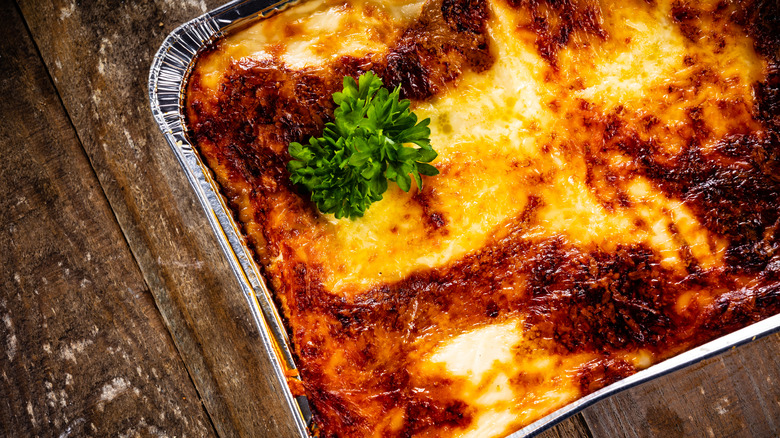 Aluminum pan of lasagna
