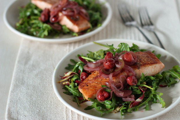 Warm Salmon, Cherry, and Arugula Salad
