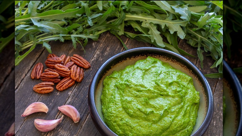 arugula pesto dip in bowl