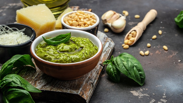Pesto, pine nuts, and cheese