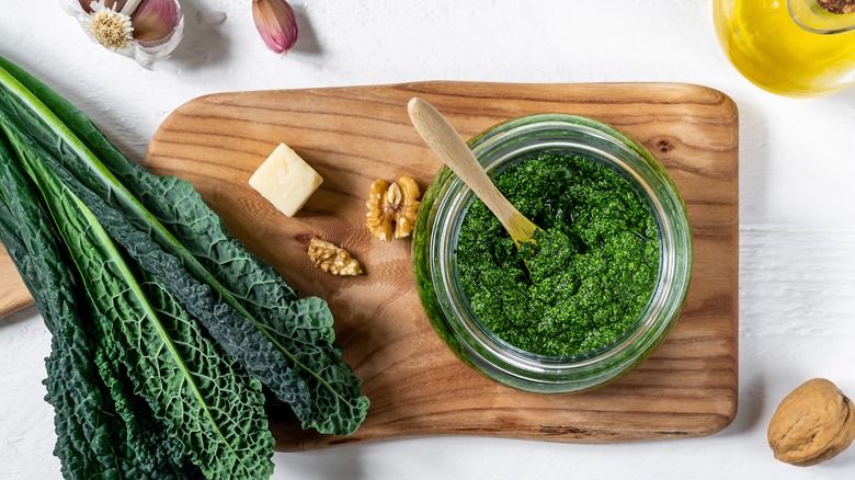 kale and pesto on board