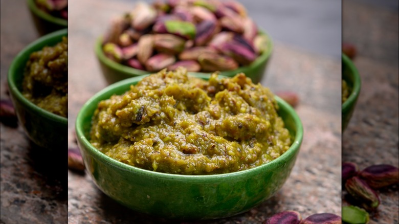 pistachio pesto and nuts bowl