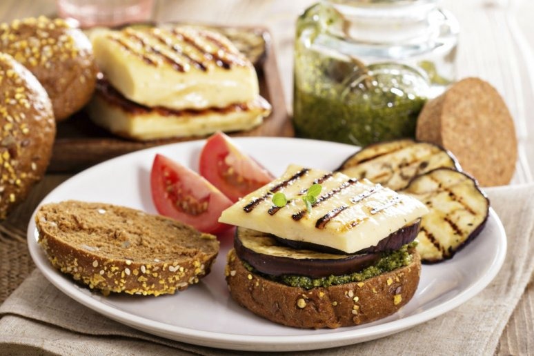 Grilled Eggplant, Halloumi, and Pesto Burgers