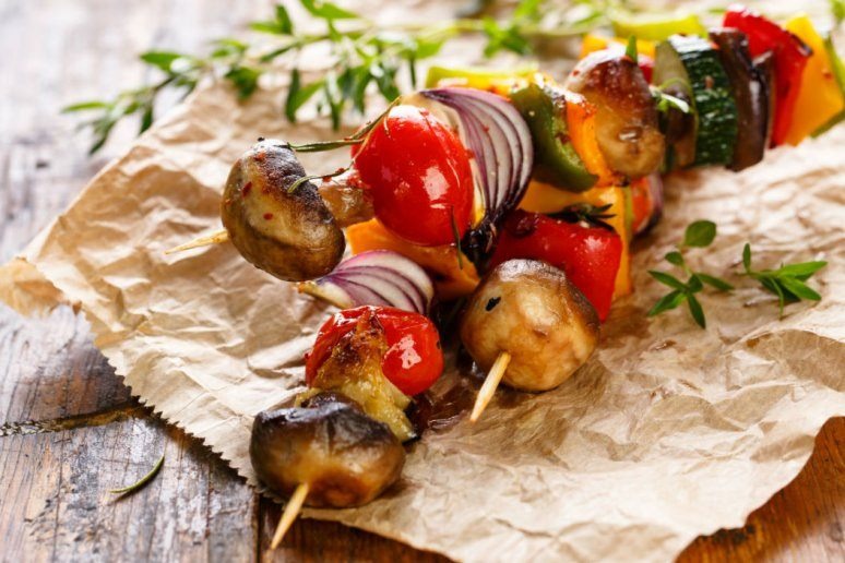 Grilled Veggie Kebabs With Green Goddess Dressing