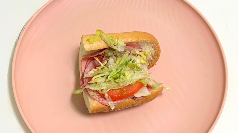 A Wawa Italian hoagie on a pink plate against a white background