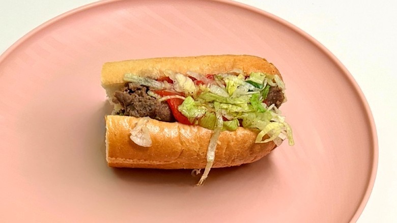 A Wawa cheesesteak on a pink plate against a white background
