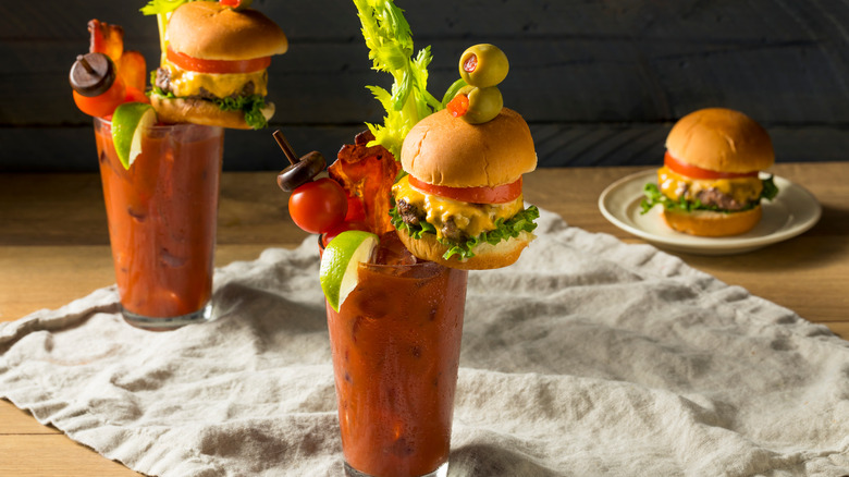 bloody marys with cheeseburger garnishes