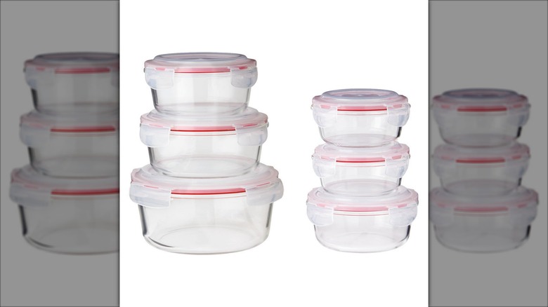 Product image of the Crofton 12-piece glass bowls with snapping lids against white background.