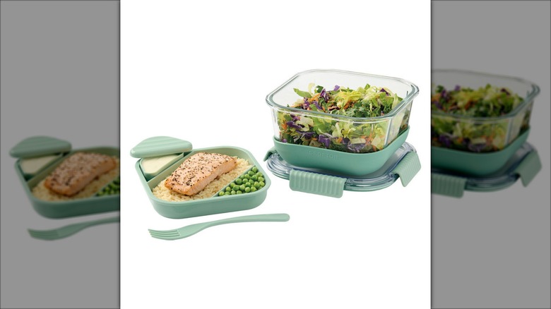 Product image of the Crofton fluted glass bento box with green and glass packaging against a white background.