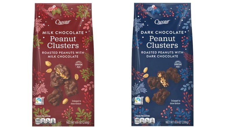 Bags of milk and dark chocolate peanut clusters on white background