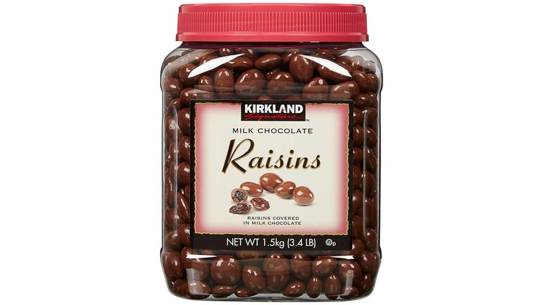Kirkland chocolate raisins jar on white background