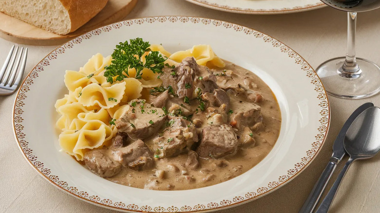 A plate of beef stroganoff with a glass of wine and side of bread