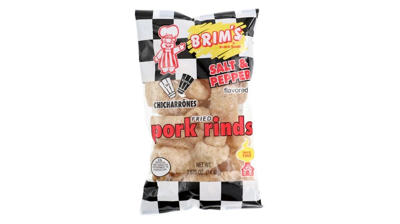 A black and white bag of Brim's Salt and Pepper Fried Pork Rinds