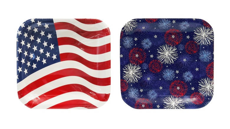 Two paper plates, one with an American flag on it and the other with red, white, and blue fireworks