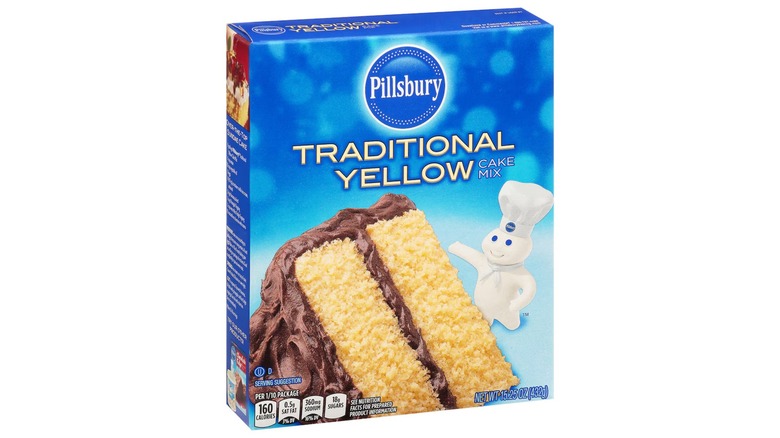 A blue box of Pillsbury Traditional Yellow Cake Mix