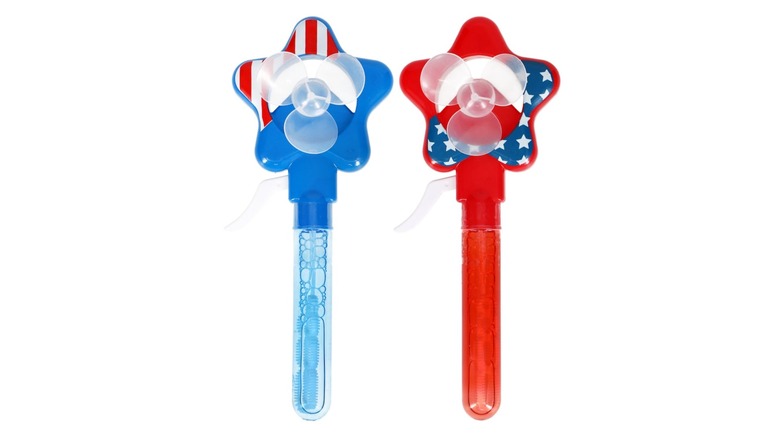 Two American flag-themed bubble fans, one mostly red and one mostly blue
