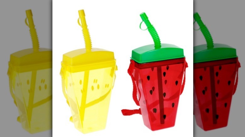 Fruit themed canteens on white background