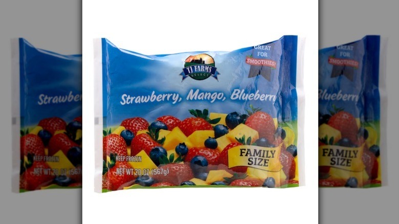 Tj Farms frozen fruit blend on white background