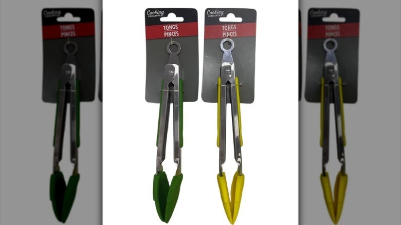 Mini tongs in green and yellow on white background