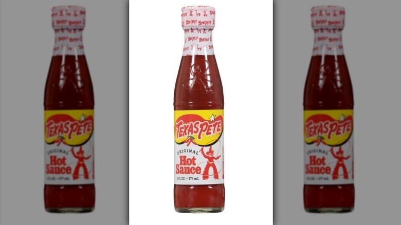 Texas Pete hot sauce with a red and yellow label on white background