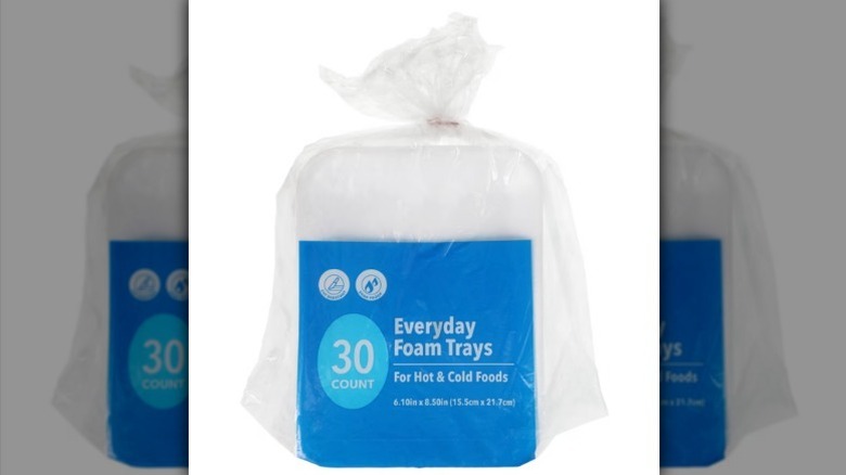 Foam trays pack with bright blue label on white background