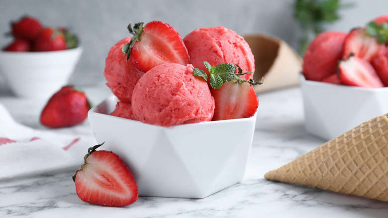 scoops of strawberry sorbet