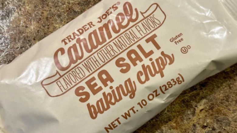 Close up on bag of Trader Joe's Caramel Sea Salt Baking Chips